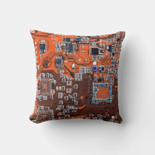 Computer Geek Circuit Board Orange Cushion
