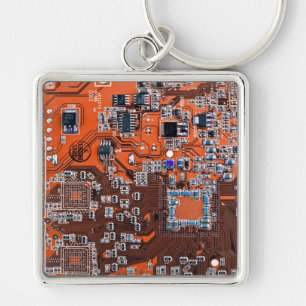 Computer Geek Circuit Board Orange Key Ring