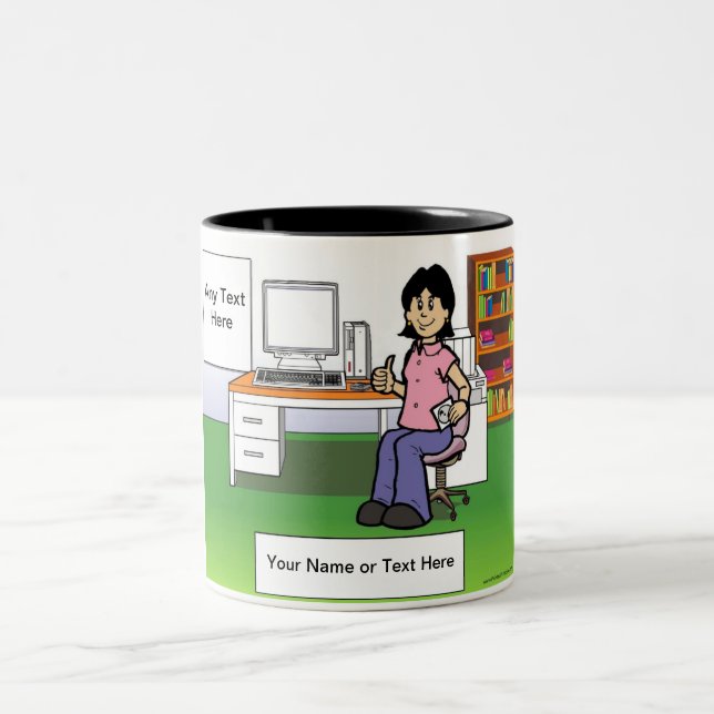 Computer Lover, IT Worker - Female Cartoon Two-Tone Coffee Mug (Center)