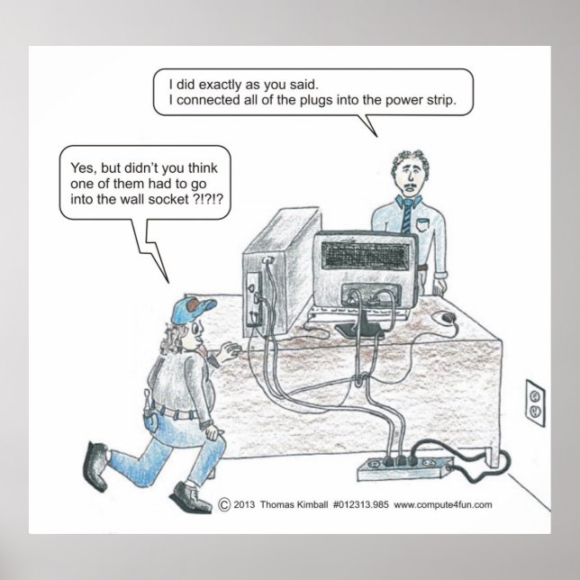Computer power cord issues cartoon poster (Front)