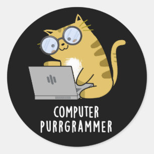 Computer Purr-grammer Funny Cat Pun Dark BG Classic Round Sticker