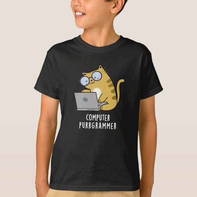 Computer Purr-grammer Funny Cat Pun Dark BG T-Shirt (Front)