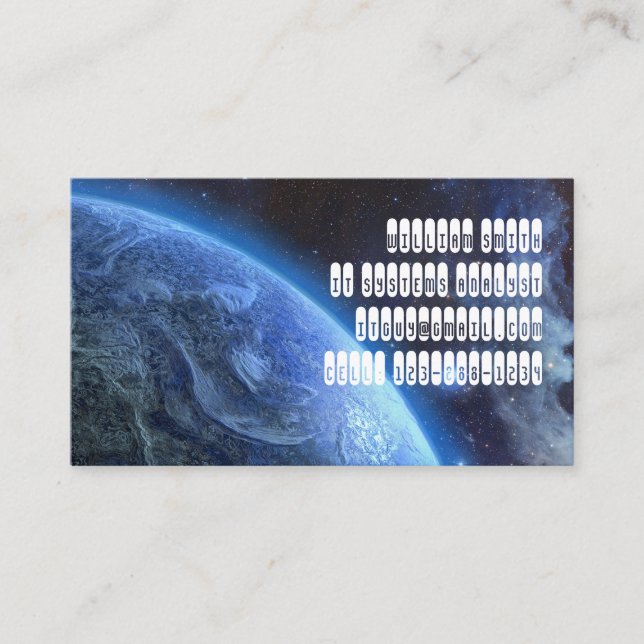 Computer Science Tech Blue Planet in Space QR Code Business Card (Front)