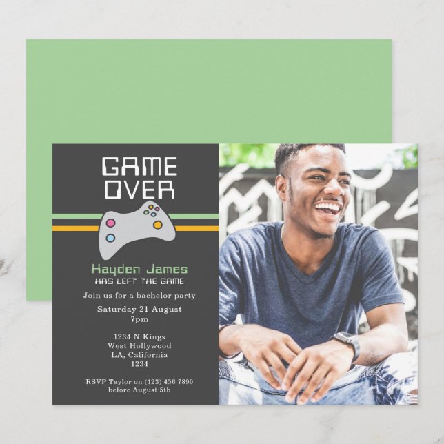 Computer Video Game Over Batchelor Party Invitation (Front/Back)
