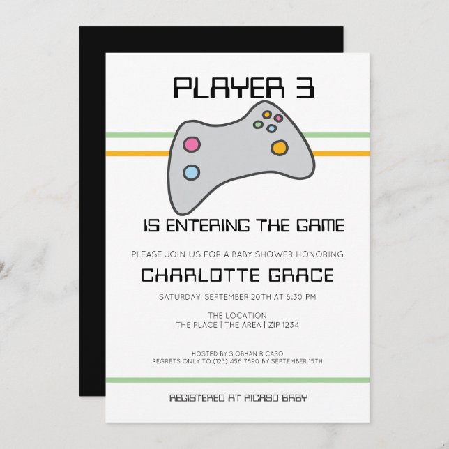 Computer Video Game Player Has Entered Baby Shower Invitation (Front/Back)