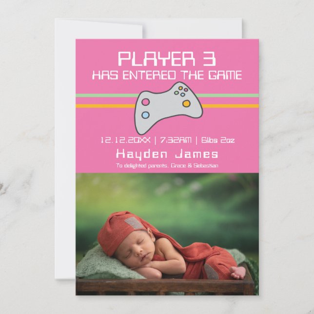 Computer Video Game Player Has Entered New Baby Invitation (Front)