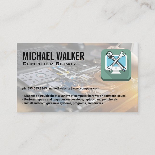 Computer Wrench Repair Logo | Technician Working Business Card (Front)