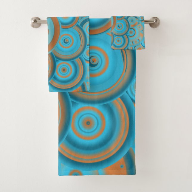 Concentric Circle Gradient Orange Rust Turquoise Bath Towel Set (Insitu)