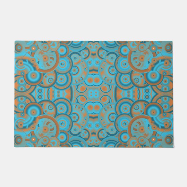 Concentric Circle Gradient Orange Rust Turquoise Doormat (Front)