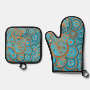 Concentric Circle Gradient Orange Rust Turquoise Oven Mitt & Pot Holder Set