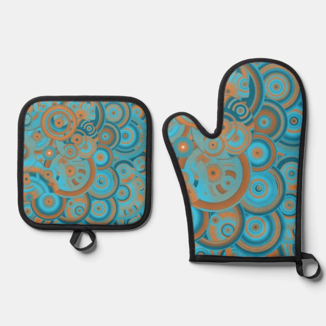 Concentric Circle Gradient Orange Rust Turquoise Oven Mitt & Pot Holder Set (Front)