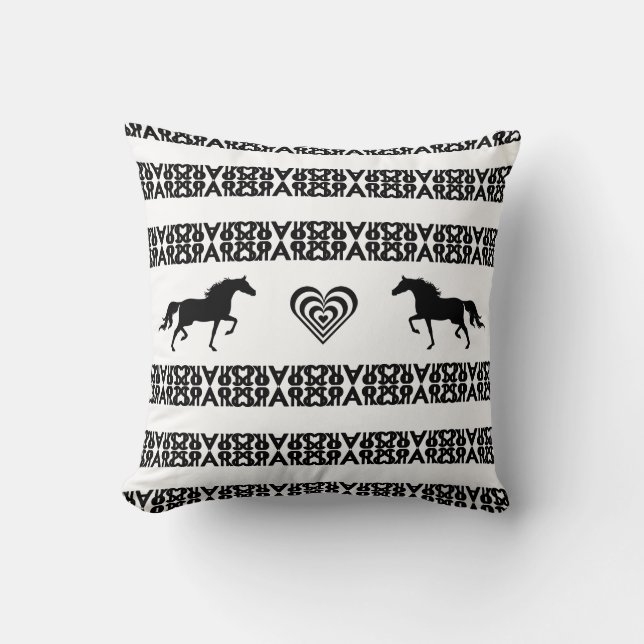 Concentric heart & horses on black & white pattern cushion (Front)