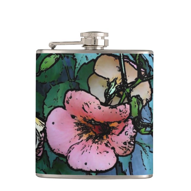 conceptual pink flowers and leaves unique hip flask (Front)