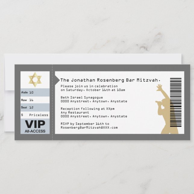 Concert Ticket Bar Mitzvah Invitation in Grey (Front)