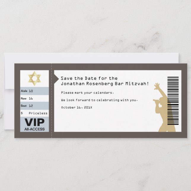 Concert Ticket Bar Mitzvah Save the Date in Brown Invitation (Front)