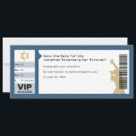 Concert Ticket Bar Mitzvah Save the Date in Navy<br><div class="desc">Every great Bat Mitzvah begins with a little buzz. Generate some of your own with this save the date card and make sure your friends and family will be in the front row. This invitation is styled just like a concert ticket. The aisle, row and seat correspond to the event...</div>