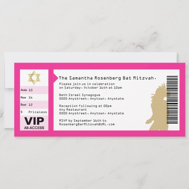 Concert Ticket Bat Mitzvah Invitation in Pink (Front)