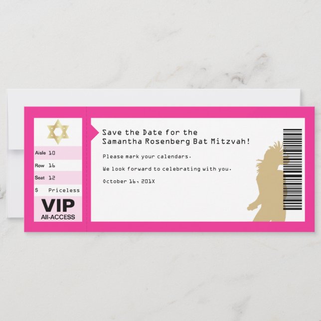 Concert Ticket Bat Mitzvah Save the Date in Pink Invitation (Front)