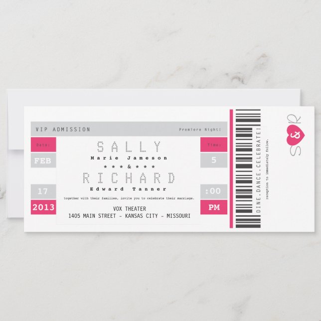 Concert Ticket Invitation in Hot Pink (Front)
