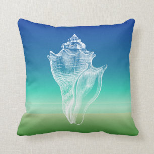 Conch Shell Blue Green Seascape Pillow