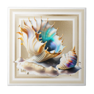 Conch shell iridescent 3D gold shimmer glam Tile