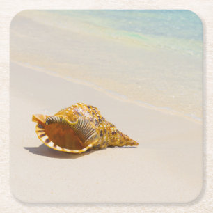 Conch Shell On Beach 3 Square Paper Coaster