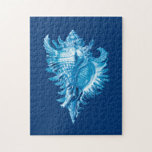 Conch Shell Sea Life Print, Indigo Blue and White Jigsaw Puzzle