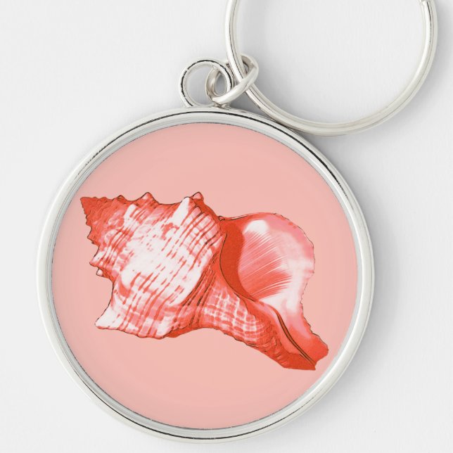 Conch shell sketch - coral, shell pink and white key ring (Front)