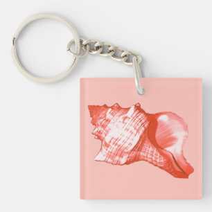 Conch shell sketch - coral, shell pink and white key ring