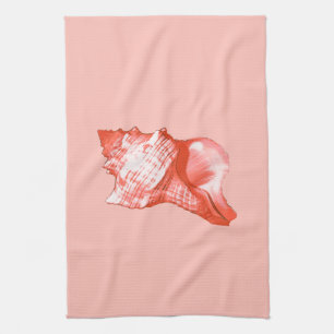 Conch shell sketch - coral, shell pink and white tea towel