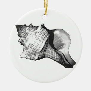 Conch shell sketch - shades of grey and white ceramic tree decoration