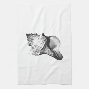 Conch shell sketch - shades of grey and white tea towel