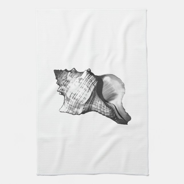 Conch shell sketch - shades of grey and white tea towel (Vertical)