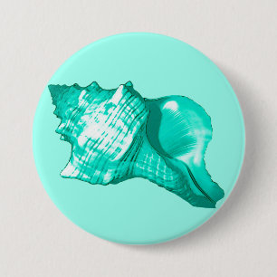 Conch shell sketch - turquoise, white and aqua 7.5 cm round badge