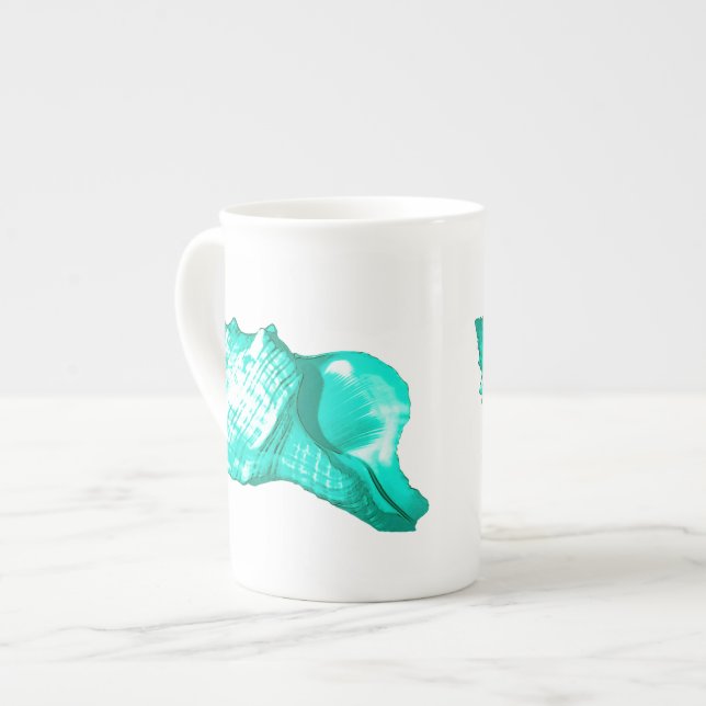 Conch shell sketch - turquoise, white and aqua bone china mug (Front Left)