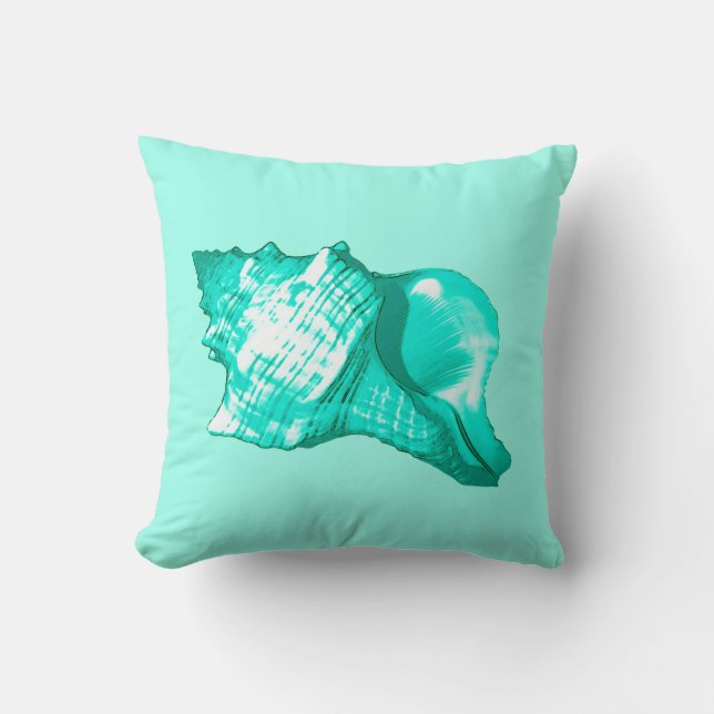 Conch shell sketch - turquoise, white and aqua cushion (Front)