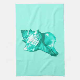 Conch shell sketch - turquoise, white and aqua tea towel