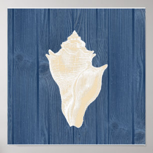 Conch Shell Vintage Blue Wood Beach Poster