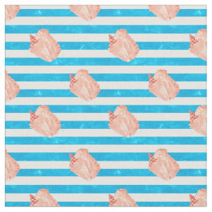 Conch Shells on Blue Stripes Coastal Fabric