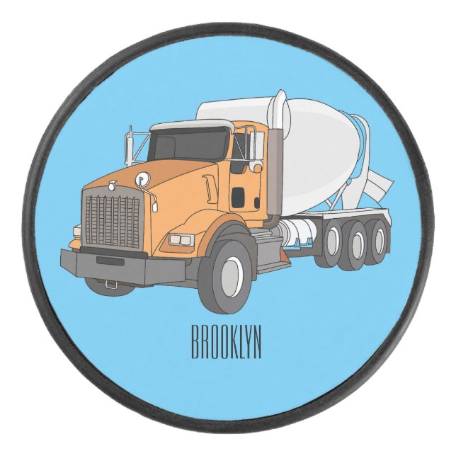 Concrete cement mixing truck cartoon illustration hockey puck (Front)