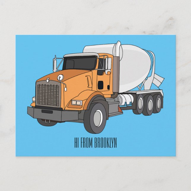 Concrete cement mixing truck cartoon illustration postcard (Front)
