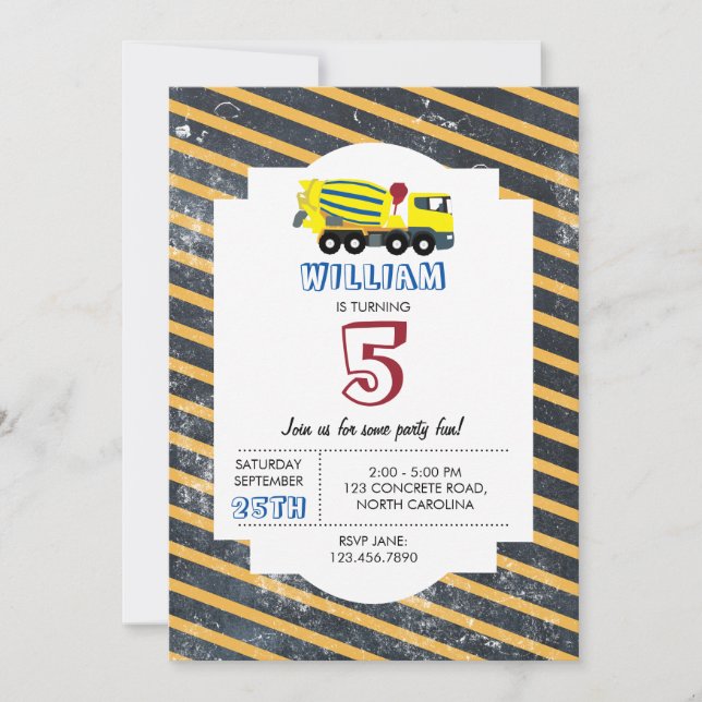 Concrete Cement Truck Construction Trucks Birthday Invitation (Front)