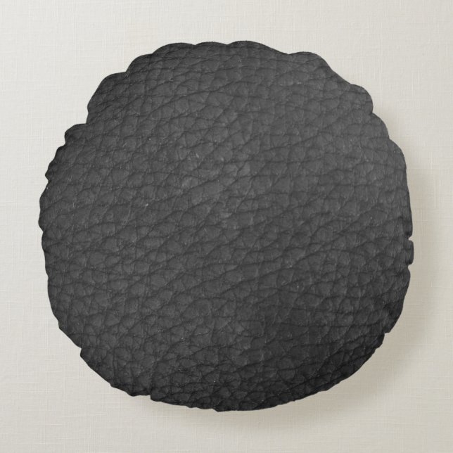 Concrete Grey Black Leather Print Round Cushion (Front)