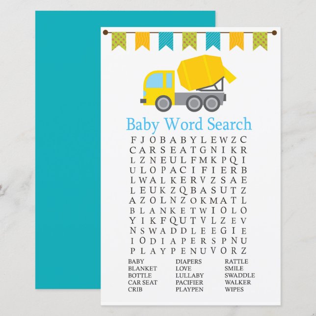 Concrete mixer Baby Shower Word Search Game (Front/Back)