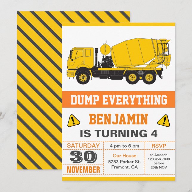 Concrete Mixer Construction Kids Birthday Party Invitation (Front/Back)