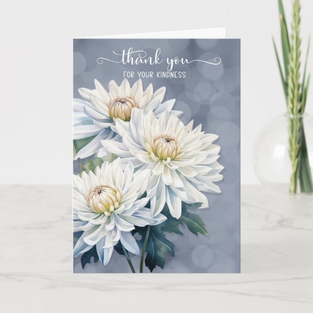 Condolence White Chrysanthemums on Blue Thank You Card (Front)