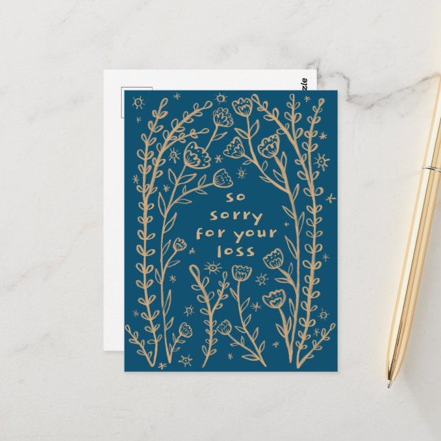 CONDOLENCES Floral Whimsical Sketch Doodle Sorry Postcard (Front/Back In Situ)