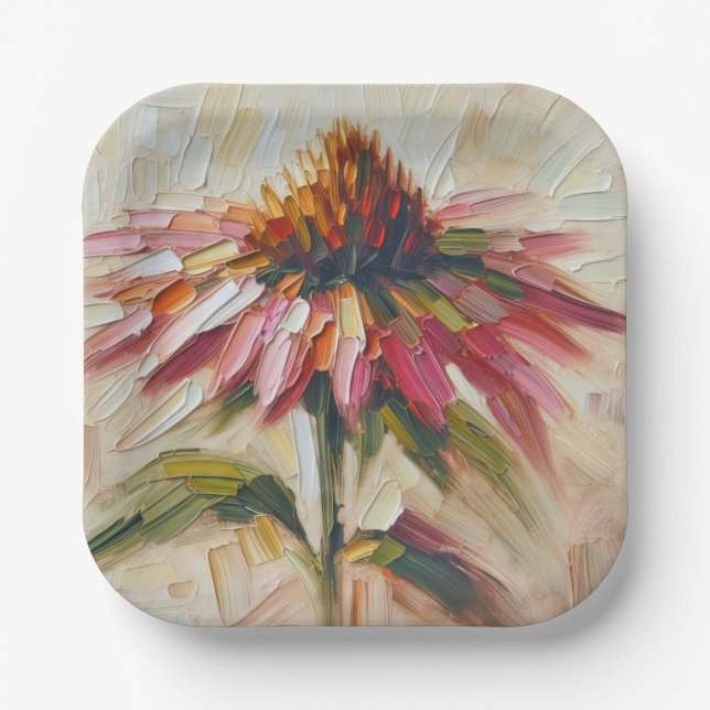 Cone Flower Impasto Painting Paper Plate (Front)