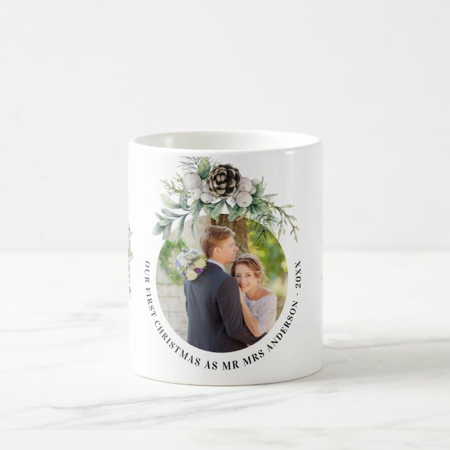 Cone greenery newly weds 1st christmas photo coffee mug (Center)