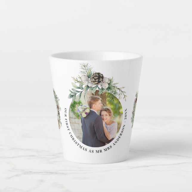 Cone greenery newly weds 1st christmas photo latte mug (Front)